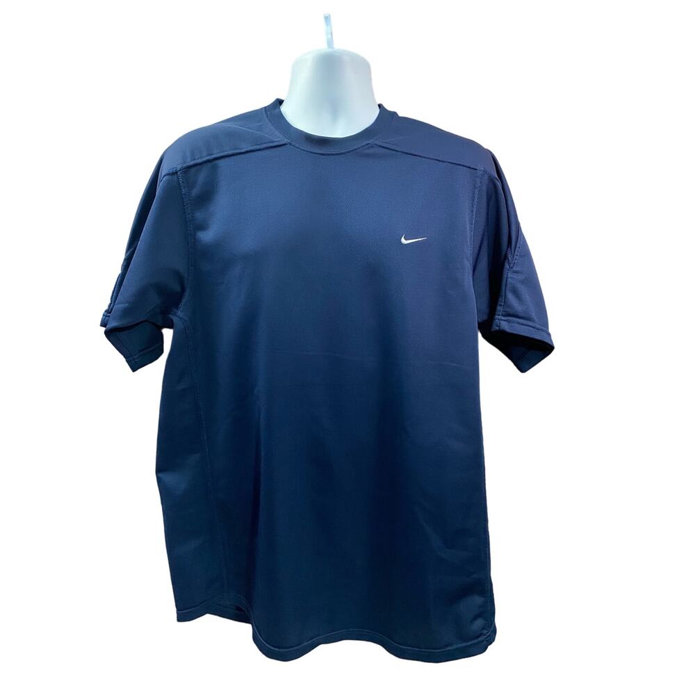 Vintage Silver Tag Nike T Shirt Size L Navy Blue Check Logo Essentials Tee Y2K
